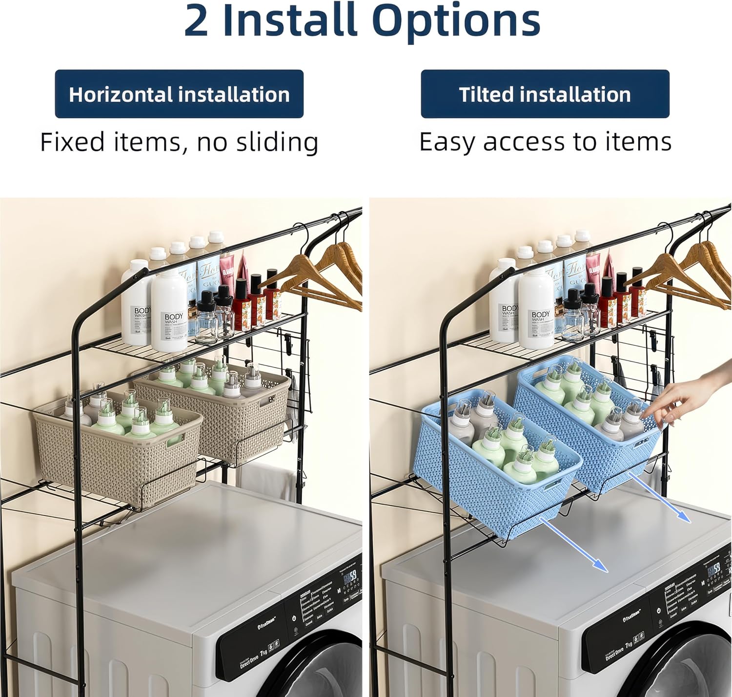 Laundry Room Storage Shelf, 2 Tier Metal Over Washer and Dryer Shelves, Washing Machine Shelf with Hanger Rods & Hooks, Expandable Bathroom Space Saver Shelf, 26–36.8