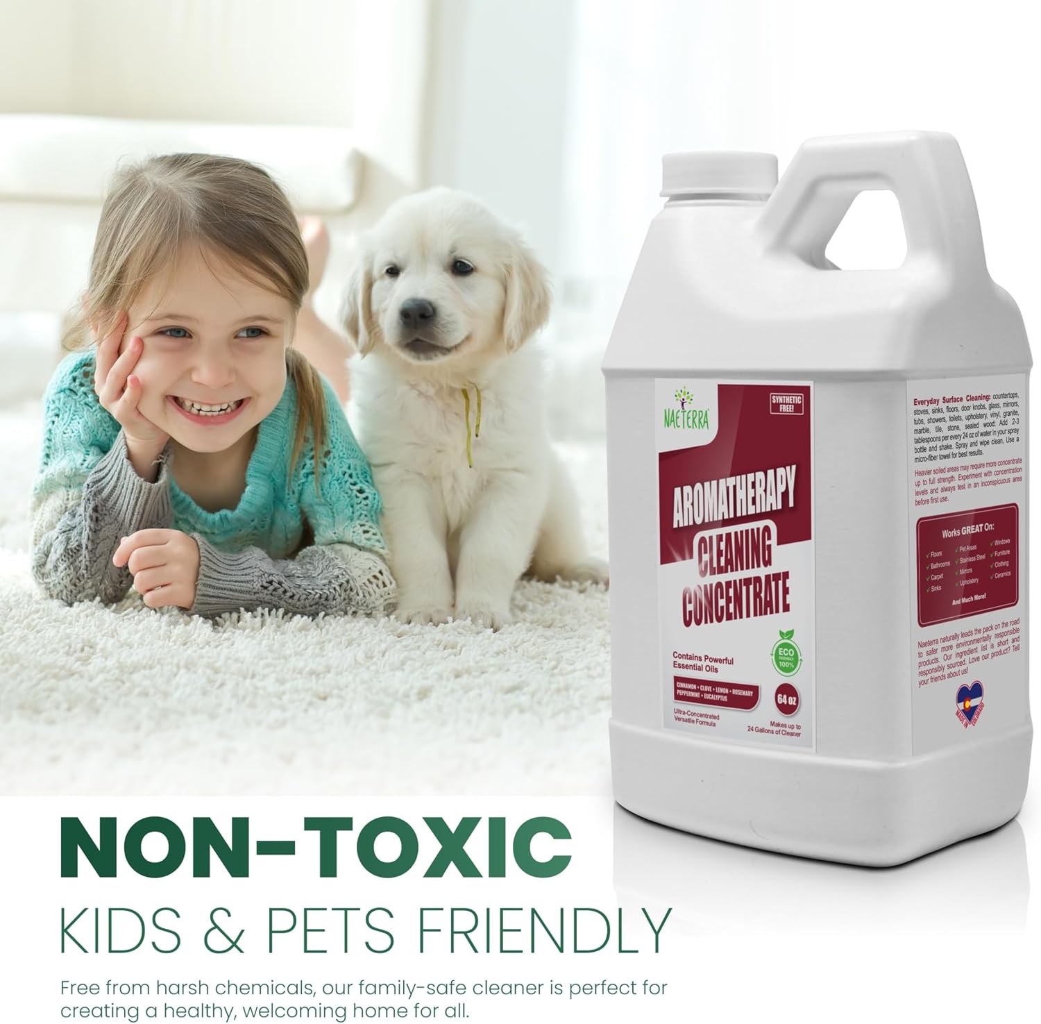 Naeterra Original Aromatherapy Cleaning Concentrate, Plant-Based Household Cleaner 64 oz with Included 10 mL Essential Oil Blend – Clove, Lemon, Cinnamon, Rosemary, Eucalyptus, and Peppermint Oils