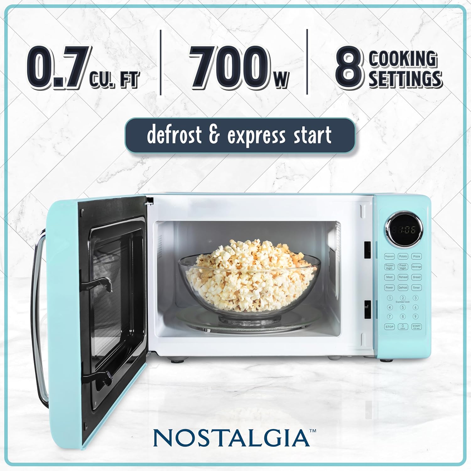 Nostalgia Retro Microwave Oven - 0.7 Cu Ft, 700-Watt Countertop Size with Glass Turntable, Child Safety Lock, 8 Auto-Cook Programs, Digital Clock - Aqua