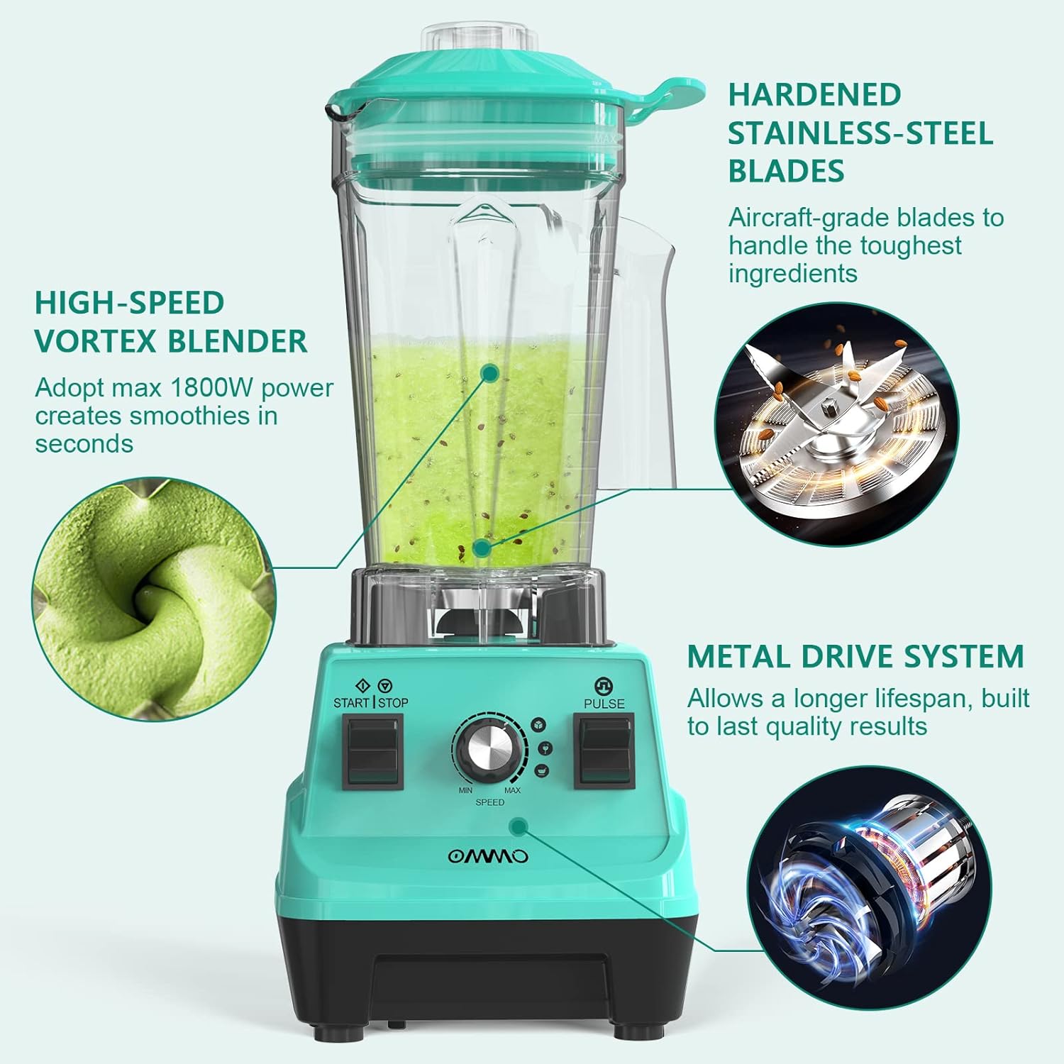 OMMO Blender 1800W, Professional High Speed Countertop Blender with Durable Stainless Steel Blades, 60oz BPA Free Blender for Shakes and Smoothies, Nuts, Ice and Fruits, Dishwasher Safe