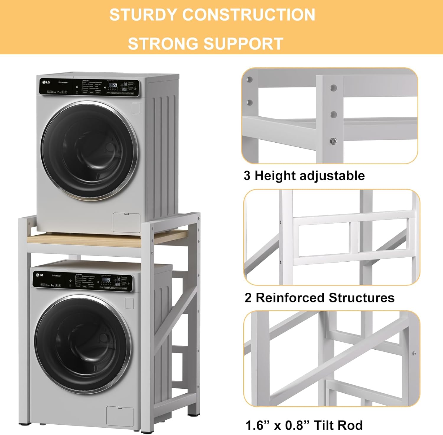 Washer Dryer Stacking Rack Kit 29.5in, Over the Washer and Dryer Storage Shelf for Laundry Room, Bathroom, Heavy Duty, Height Adjustable, 1.2mm Wall Thickness 660lbs Capacity (White, 29.5in)