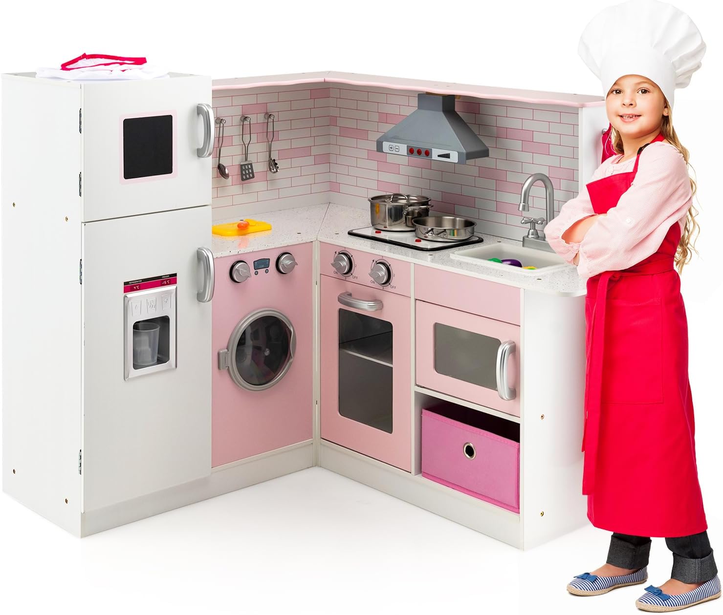HONEY JOY Pink Corner Kids Kitchen Playset, Wooden Play Kitchen for Toddlers, Washing Machine, Range Hood, Water Dispenser, Cookware, Apron, Little Chef Pretend Toy Kitchen Set w/Lights & Sounds