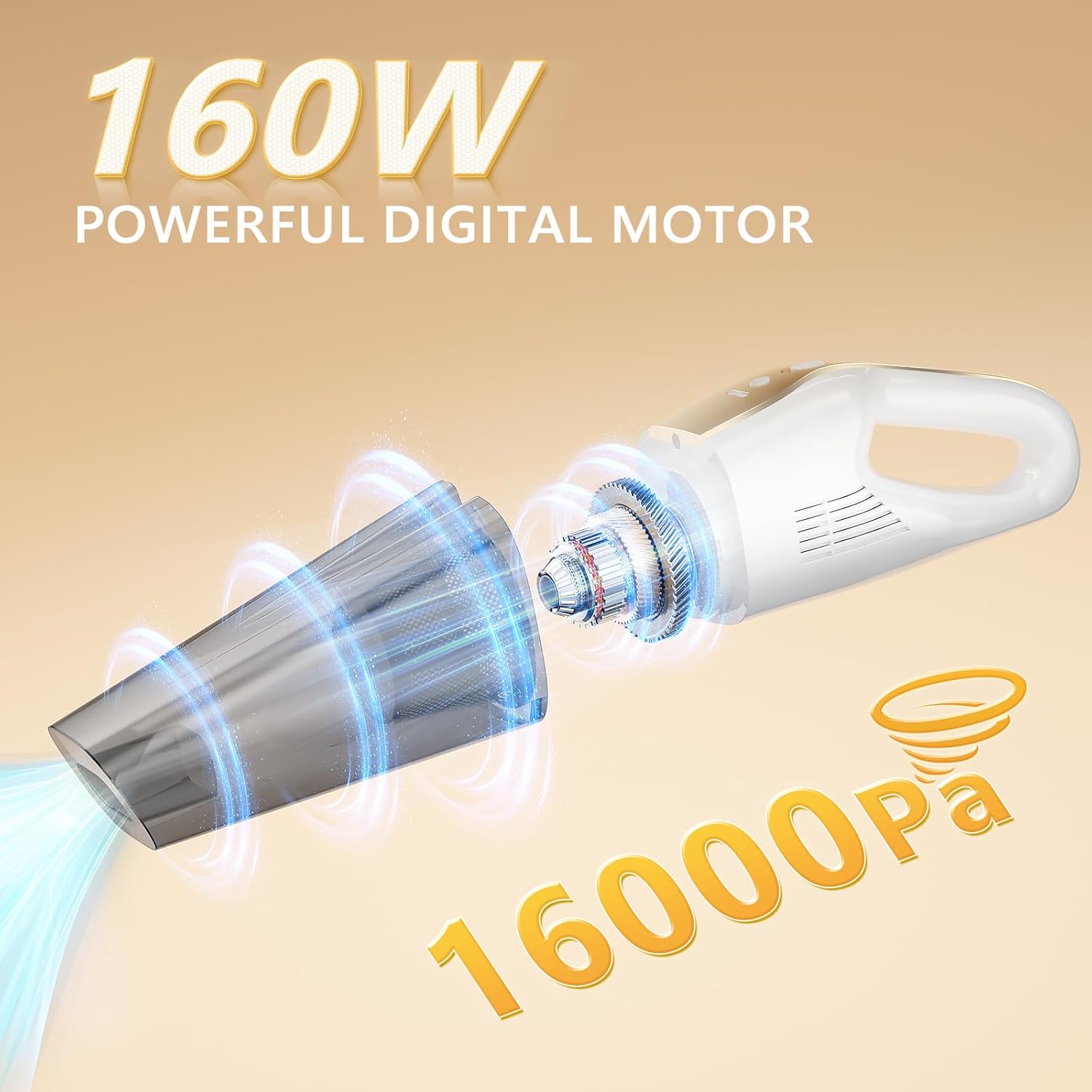 Handheld Vacuum Cordless, 16000Pa 160W Car Vacuum Cleaner with LED Screen,30Min Powerful Hand Held Vacuum Cleaner Portable Cordless Lightweight LED Light Fast Charge Multi-Nozzles for Home Car Office