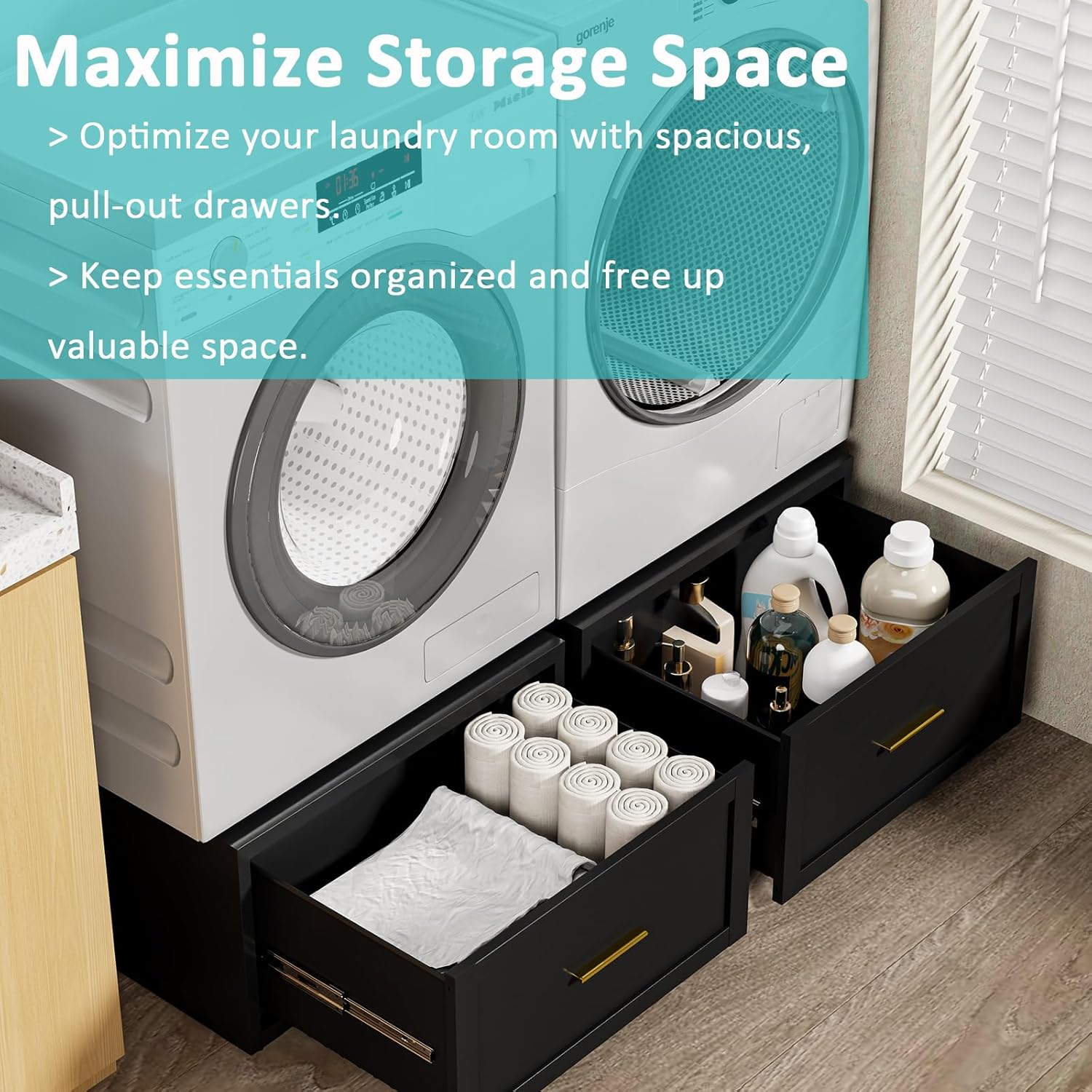 2 Pack Laundry Pedestal with Drawers, Metal Washer Dryer Pedestal Set of 2, 16''H 880 LBS Metal Heavy Duty Laundry Stand, Washer Dryer Pedestal Stand base with Drawer Storage- Black