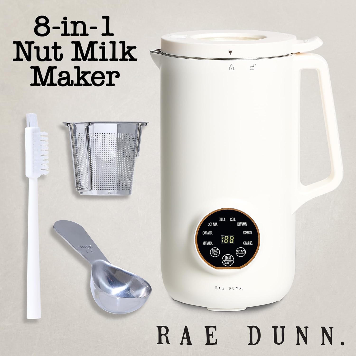 Rae Dunn 8-in-1 Nut & Plant Milk Maker – Almond, Oat, Soy & More – 800ml Cold / 700ml Hot – Automatic, Delay Start, Self-Clean – Includes Stirrer, Measuring Cup & Brush, Cream