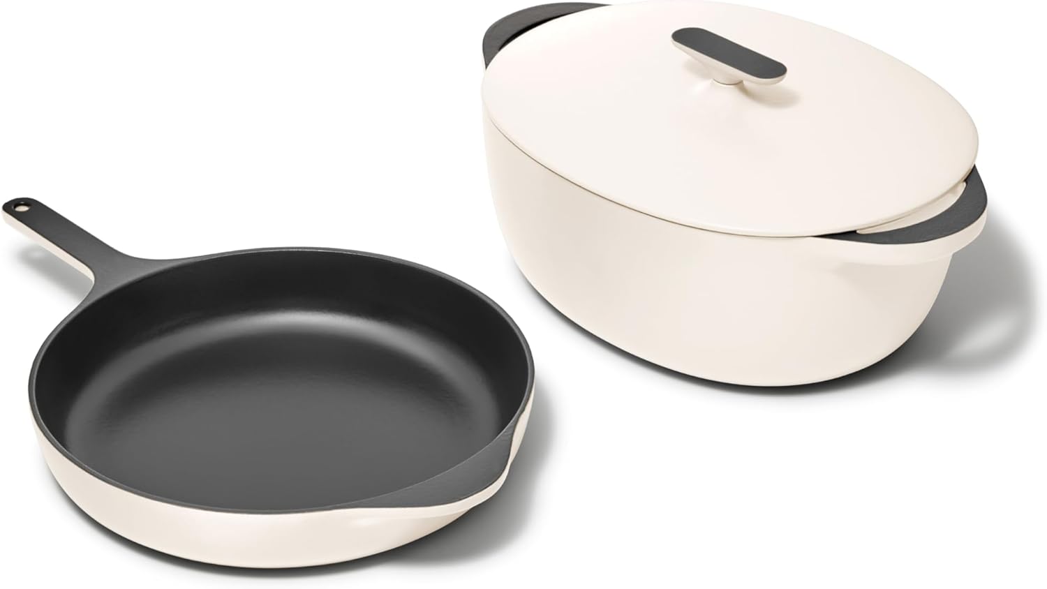 Caraway 4-Piece Enameled Cast Iron Duo - 12” Skillet, 8.5 qt Dutch Oven with Lid and Storage Organizer - Non-Toxic 3-Layer Enamel Coating - No Seasoning Required - Cream