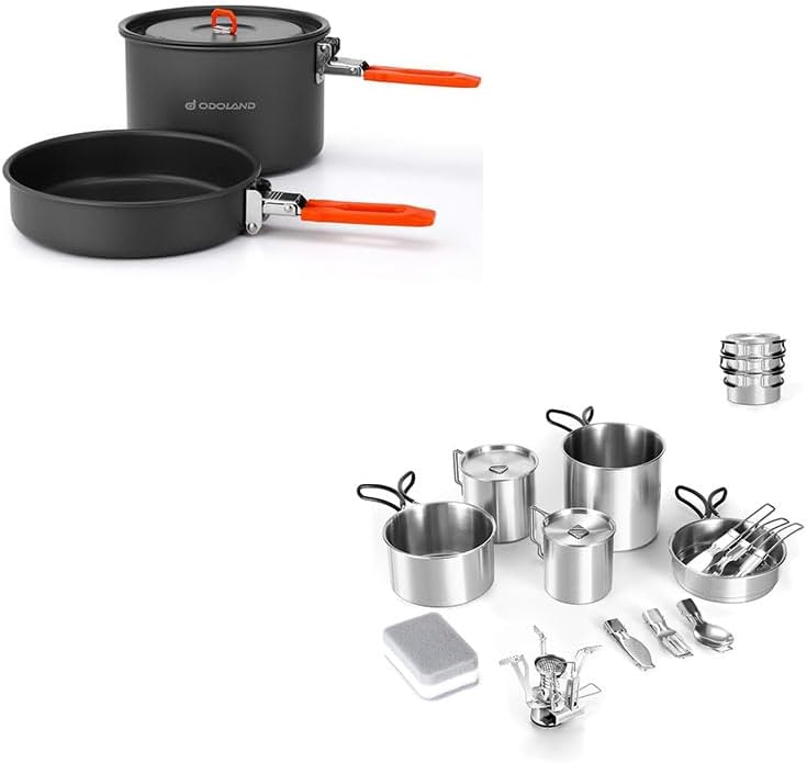 Odoland Bundle - 2 Items Camping Cookware Mess Kit and 13pcs Stainless Steel Camping Cookware