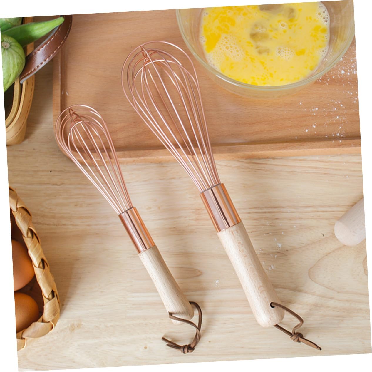 Manual Egg Beater Wood Handle Stainless Steel Egg Blender for Cooking Gadget