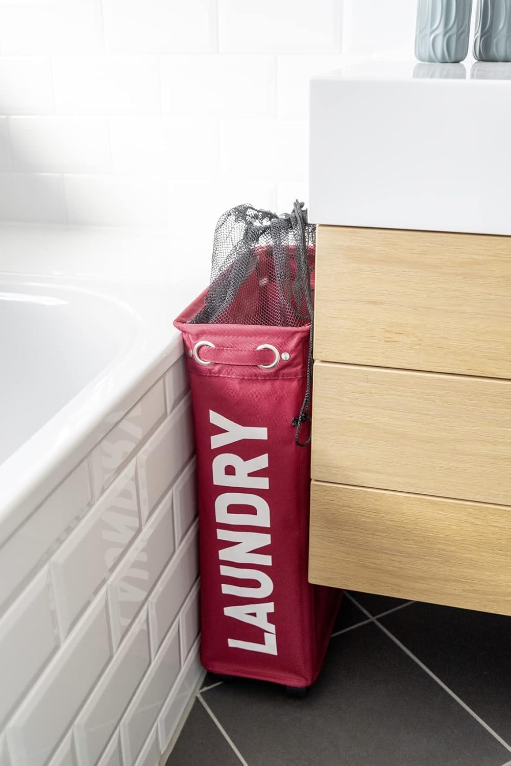 Red Laundry Basket Corno - thin Laundry Hamper with wheels - small space laundry bin - narrow hamper, laundry collector, laundry basket with wheels