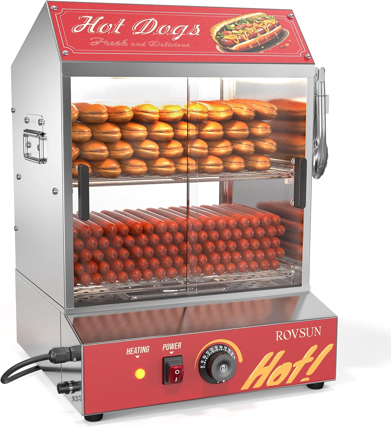 ROVSUN Hot Dog Steamer 42.3QT/40L, Hut Steamer Hot Dog Steamer and Bun Warmer Cooker 235 Hot Dogs & 50 Buns Capacity with Removable Shelves Food Clip for Party Event Concession Stand 2-Tier
