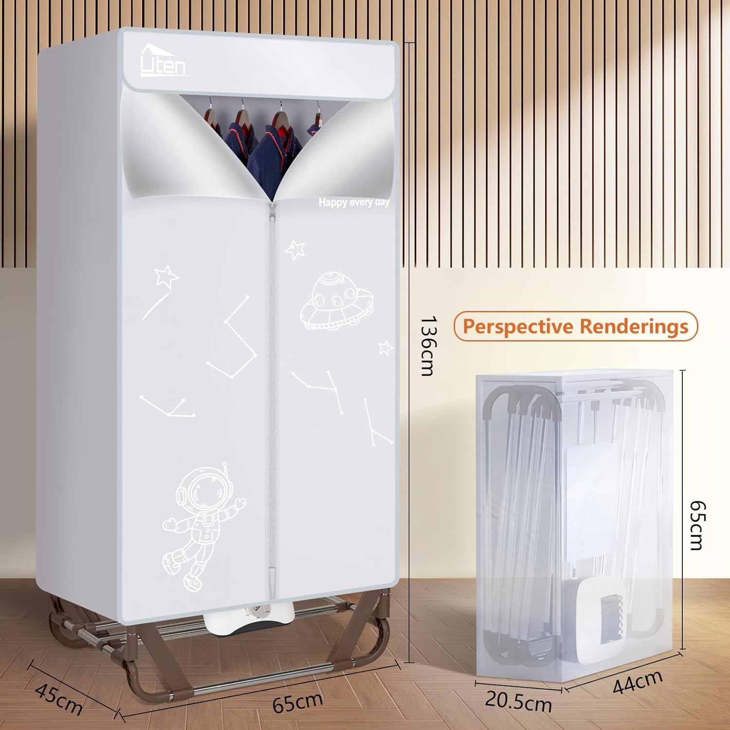 Uten Clothes Dryer, 1500W Power Electric Clothes Dryer Machine with Timer, 2-Tier Laundry Drying Wardrobe, Foldable Drying Rack for Travel, Apartments, RV, Home