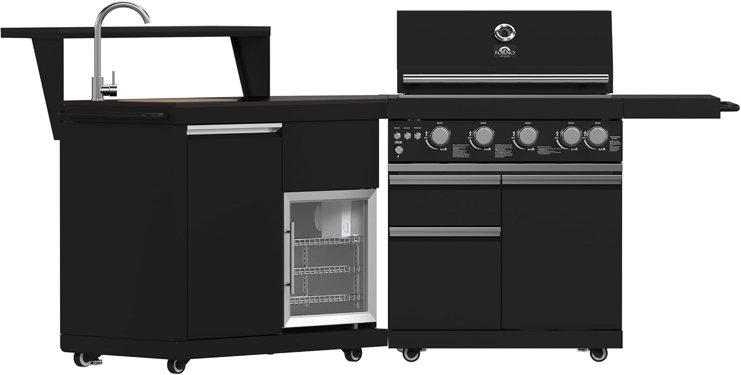 Forno All’Aperto 62,600 BTU Outdoor BBQ Grill Station w/ 3 Stainless Steel Burners, Infrared Burners, Sink Module, Black Sintered Stone Countertops, Rotisserie Kit, Bar & Beverage Center - Black