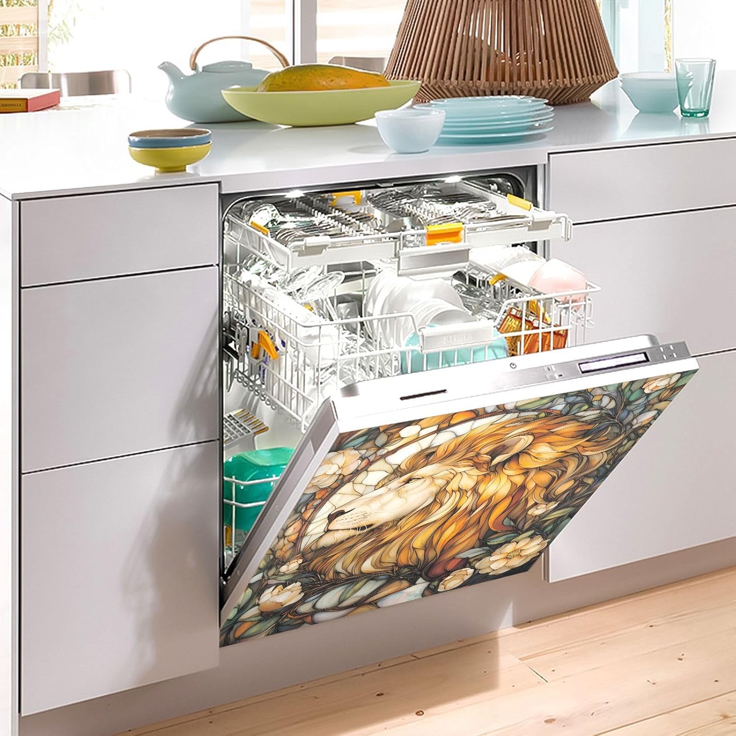 Dishwasher Magnet Cover Large Magnetic Stickers Retro Lion Front Dishwasher Cover Reusable Decal for Home Kitchen Anti-Scratch Refrigerator Decorative Lid Washing Machine Laundry 23
