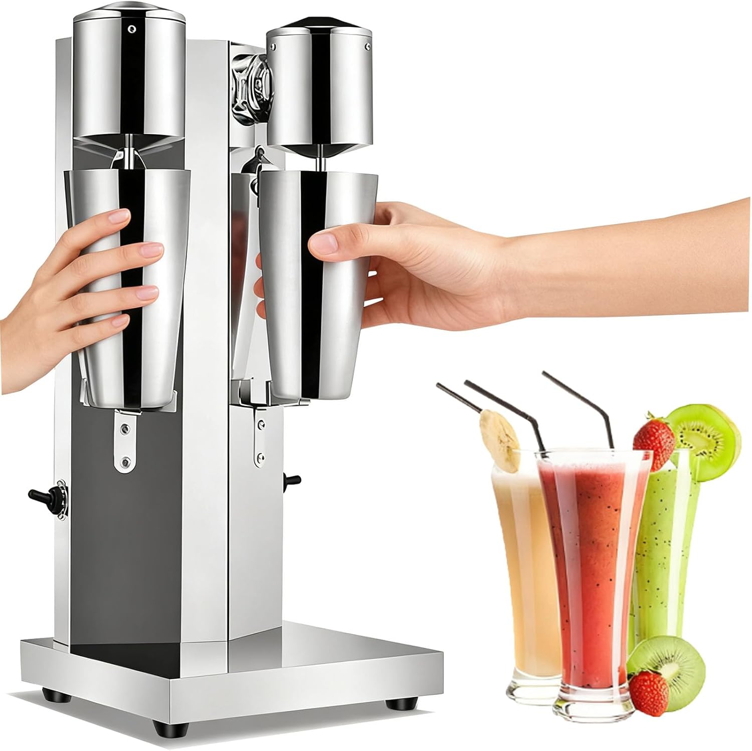 tonchean Commercial Double Head Milkshake Maker, Stainless Steel Milk Shake with 2 Speeds Blender Electric Milkshake Maker Machine with 28 oz Stainless Steel Cup, 110V 180W Silver