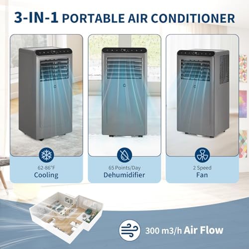 2025 New Model Portable Air Conditioner, 10000 BTU Air Conditioner Cool Up to 550 Sq.Ft, 3-in-1 AC Unit, Dehumidifier, Fan, Window Installation Kit & Remote Control,LED Display,24Hrs Timer for Home