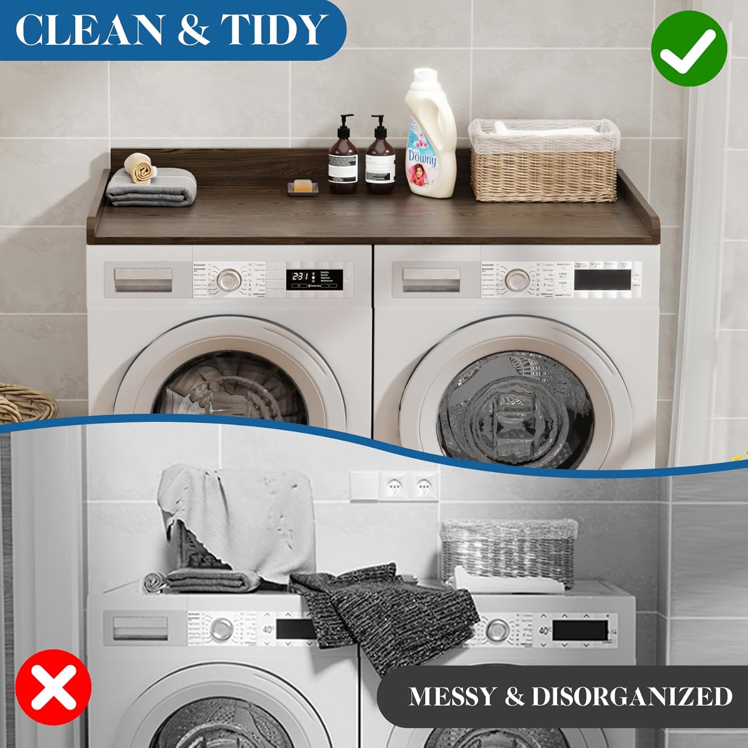 Washer Dryer Countertop, Laundry Countertop Over Wooden Washer and Dryer for The Top with Non-Slip Pads, Laundry Hamper Counter Storage Organization 54