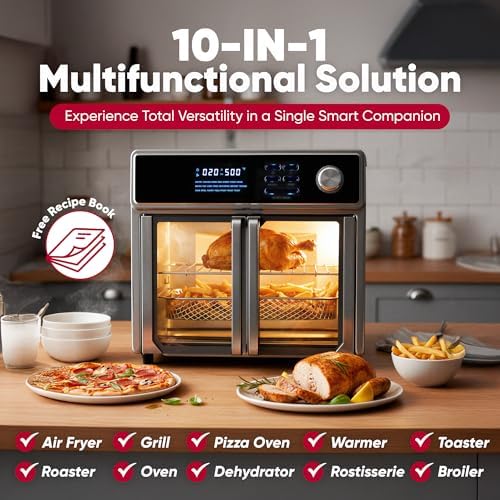 Large Air Fryer Oven 26-Quart |10-in-1 Countertop Stainless Steel Toaster Oven Combo | Non Toxic Family Size Air Fryer - Frying, Baking, Toasting, Dehydrating, Rotisserie | 1700W 360° Heating