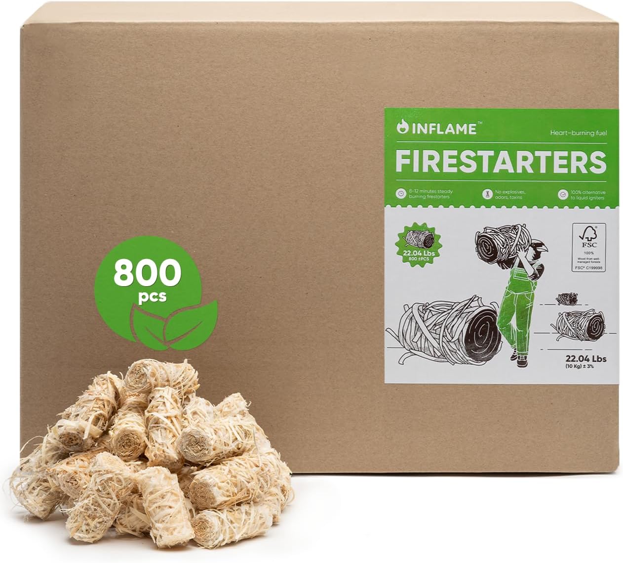 Inflame Fire Starters 800 pcs Fire Starters for Campfires, Grill, BBQ, Fireplace, Woodstove - Charcoal Starter - Waterproof, Weather-Resistant - Natural Wood Fireplace Starters