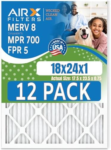 18x24x1 Air Filter MERV 8 Rating, 12 Pack of Furnace Filters Comparable to MPR 700 & FPR 5 - Made in USA by AIRX FILTERS WICKED CLEAN AIR.
