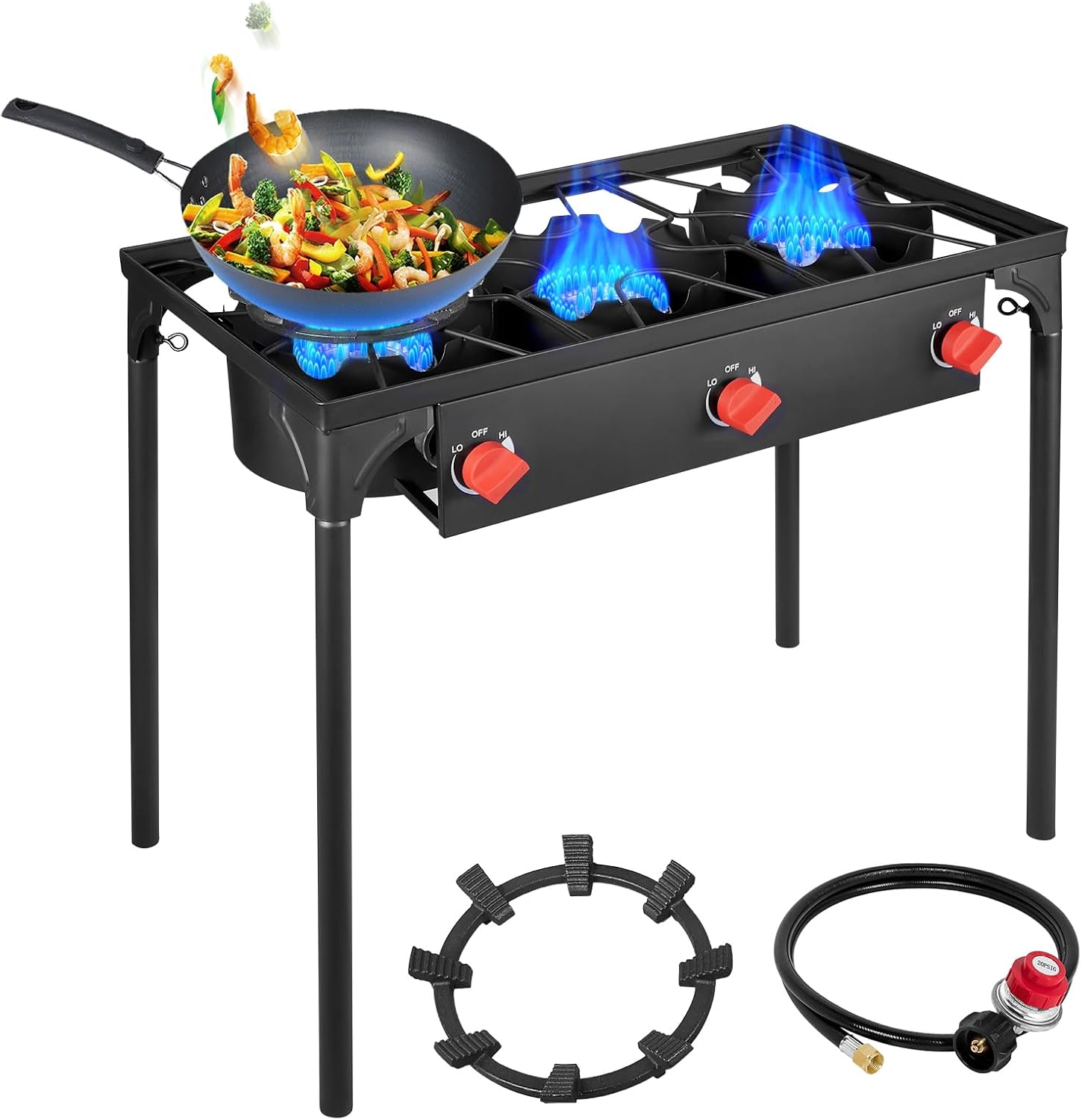 Llamaviva 3 Burner Propane Stove, 225,000 BTU Gas Camping Stove with Detachable Legs Stand, High Pressure Outdoor Stoves for Cooking