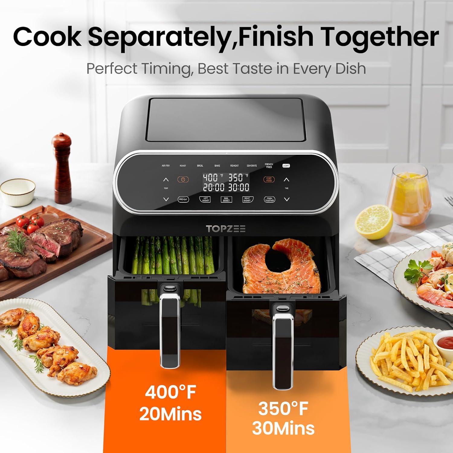Topzee 8QT Dual Basket Air Fryer – Large 8-Quart Air Fryer with Independent Temperature Control, 8 Preset Functions, Match & Finish Together Mode, Clear Viewing Windows, Black