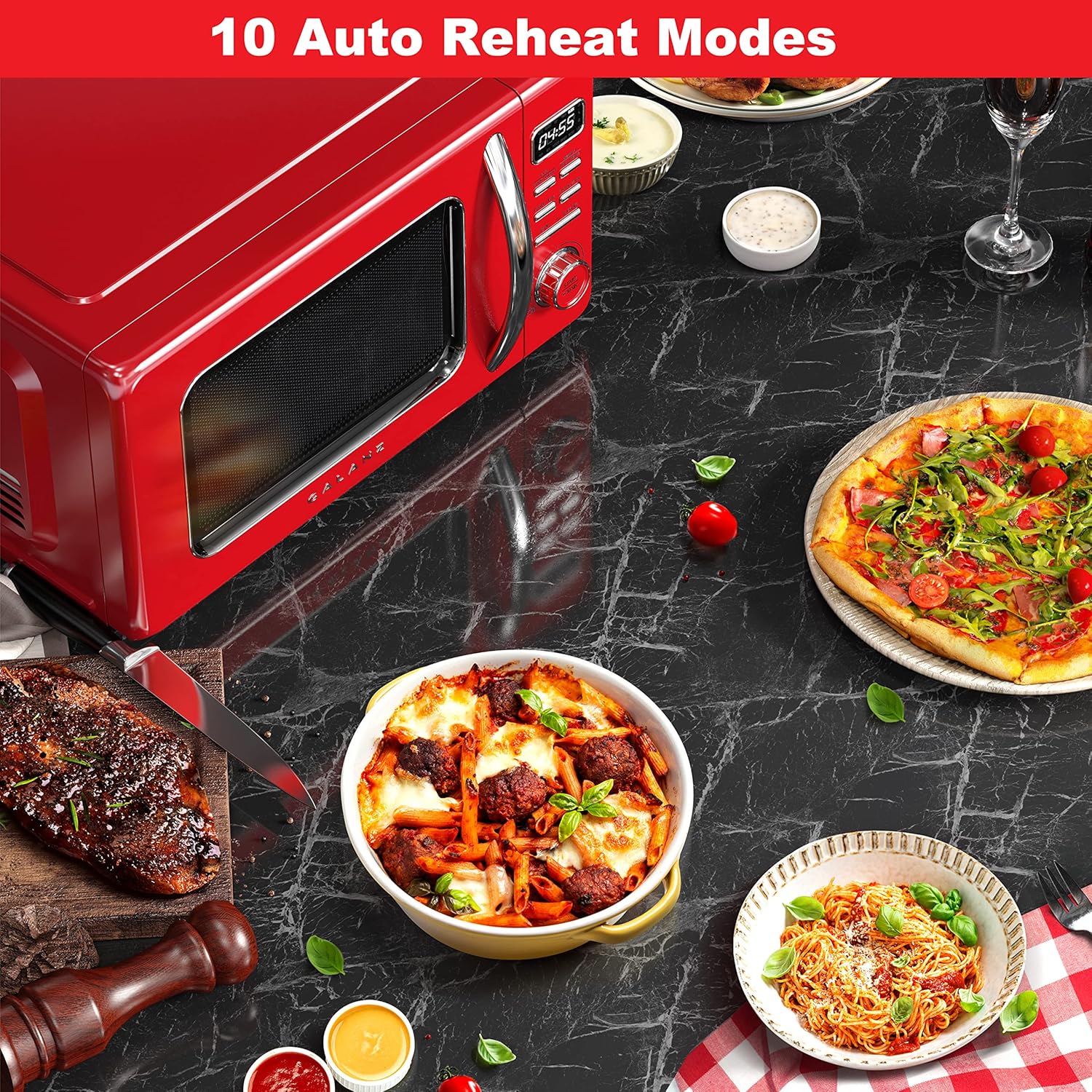 Galanz GLCMKZ09RDR09 Retro Countertop Microwave Oven with Auto Cook & Reheat, Defrost, Quick Start Functions, Easy Clean with Glass Turntable, Pull Handle, 0.9 cu ft, Red