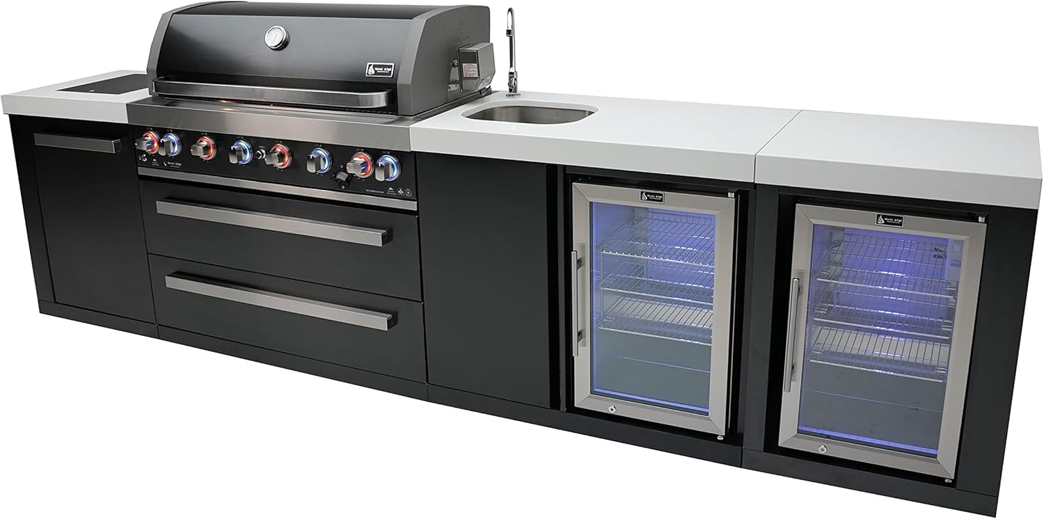 Mont Alpi MAi805-BSSBEVFC 805 44-inch 6-Burner 115000 BTU Black Stainless Steel Double Outdoor Rated Refrigerator Wine Cooler Beverage Center Granite Countertops + Faucet & Sink