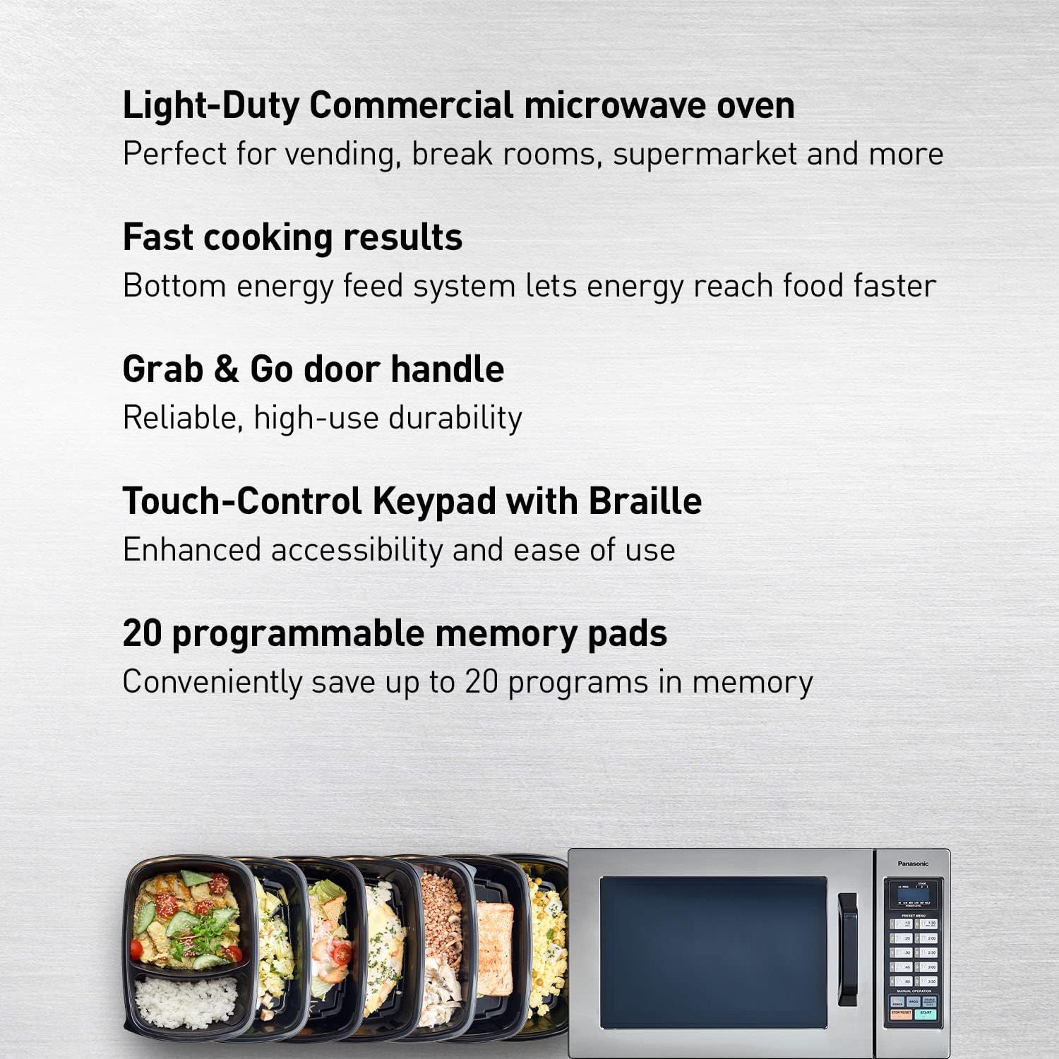 Panasonic NE-1054F Compact Light-Duty Countertop Commercial Microwave Oven with 10 Programmable Memory and Touch Screen Control, Countertop Microwave Oven, 1000W, 0.8 Cu. Ft, Stainless Steel