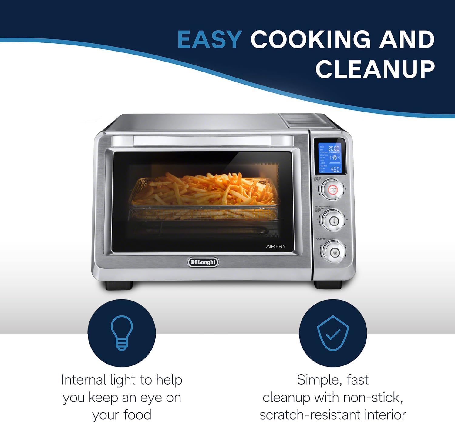 De'Longhi 10-in-1 Digital AirFryer, 24L, True Convection Toaster Oven with Internal Light, Grills, Broils, Bakes, Roasts, Reheats, Preset for Cookie & Pizza, 1800-Watts, Stainless Steel