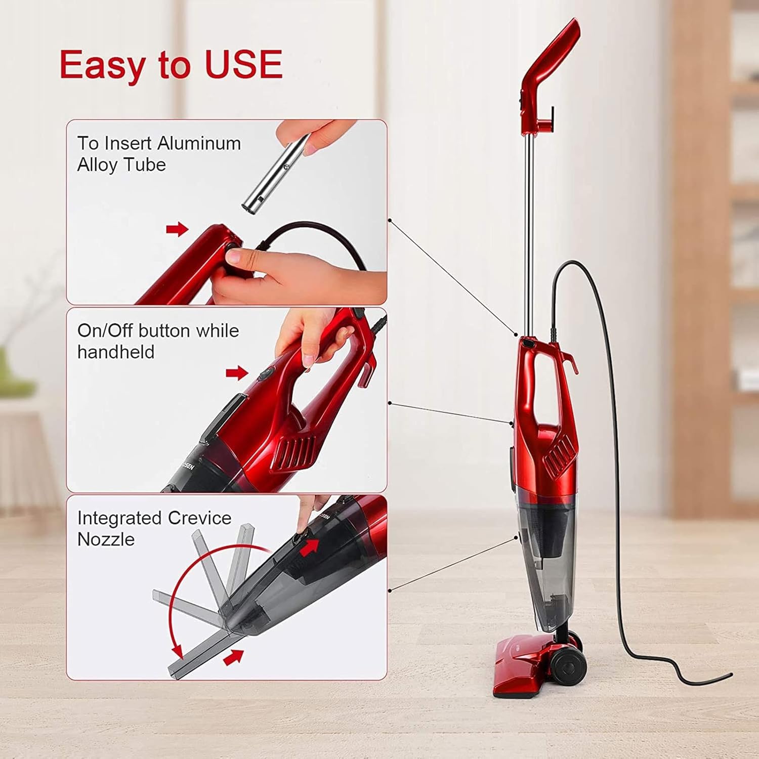 Hand Held Vacuum, Cord Vacuum Cleaner Powerful Suction with Foldable Design Washable Filter Light Weight Quiet for Pet/Home (Size : EU)