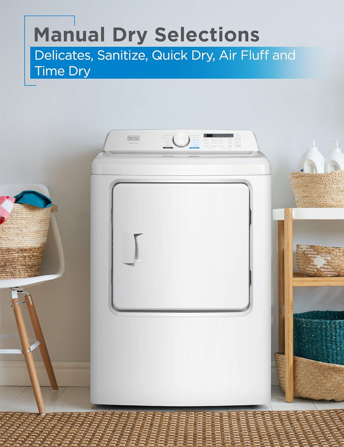BLACK+DECKER 7.0 Cu. Ft. Front Load Dryer, Electric Clothes Dryer with LED Display and Dial Control, 5 Sensor and Manual Dry Selections, 240V, Requires Professional Installation, BLD67ME, White