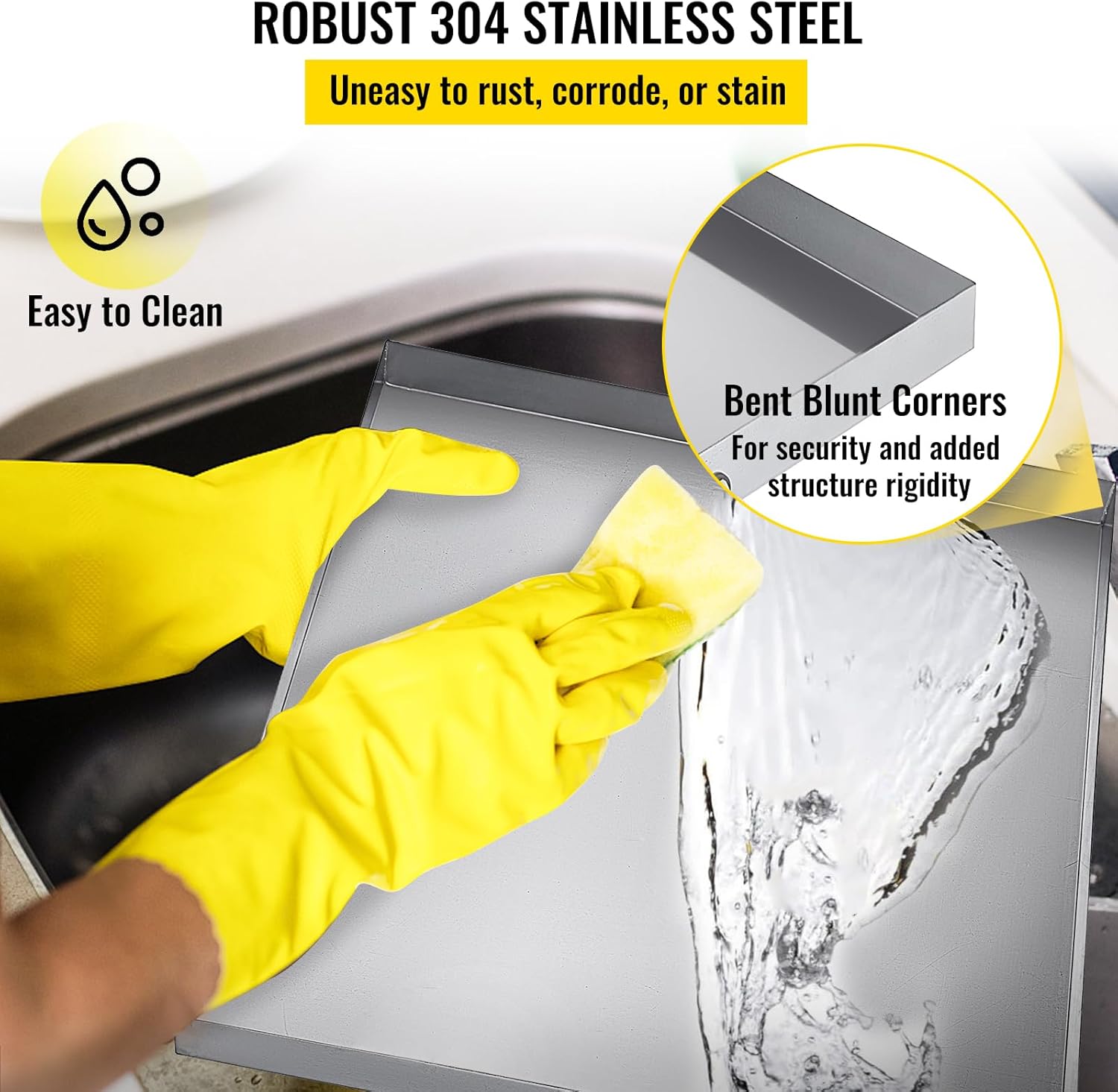 VEVOR 27 x 25 x 2.5 Inch Washing Machine Pan 304 Stainless Steel Washing Machine Drain Pan 18 GA Thickness Heavy Duty Compact Washer Drip Tray with Drain Hole & Hose Adapter