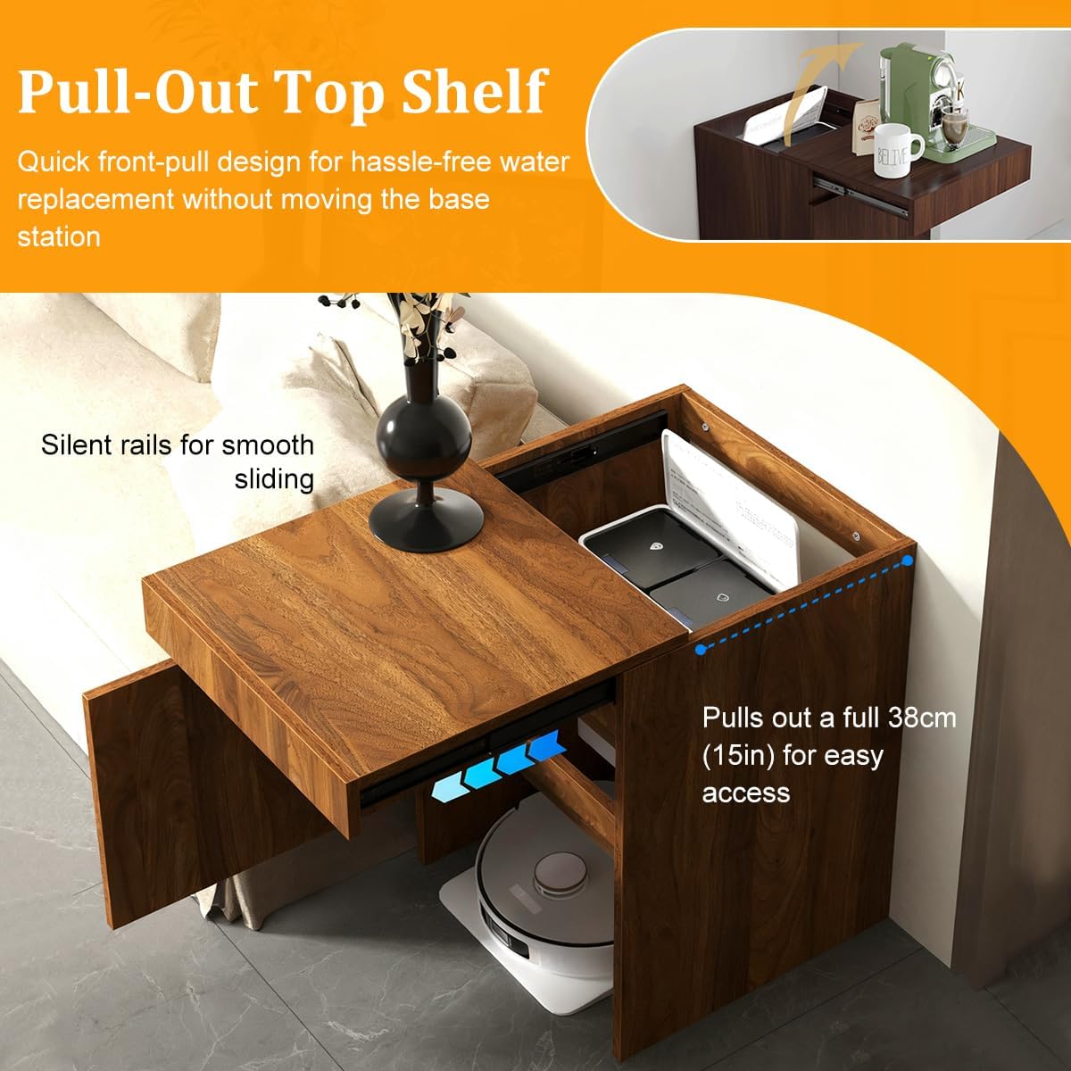 Robot Vacuum Stand Hidden Cabinet, Storage Cabinet with Doors for Robot Vacuum Cleaner,Household End Side Table,Wood Freestanding Rack Space Saver for Home Office (Brown)