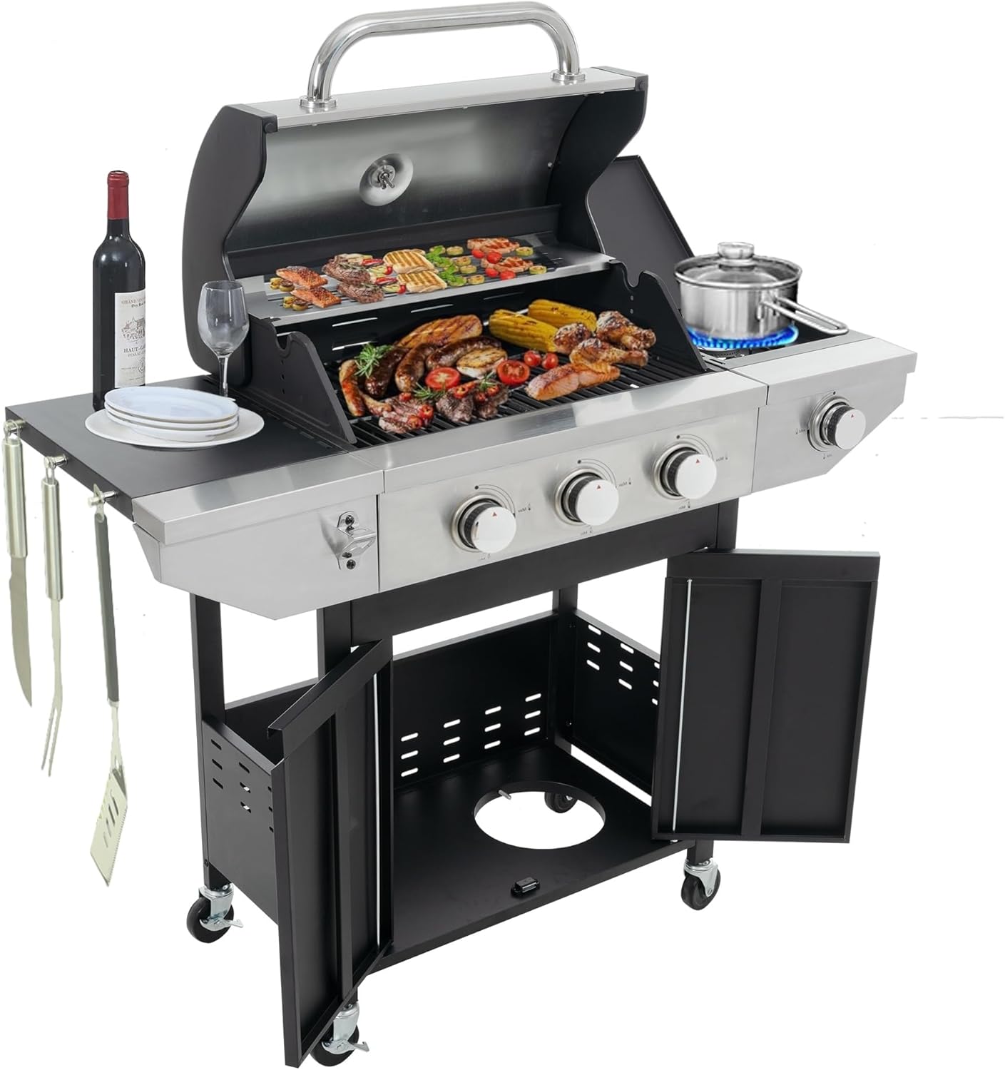 EMKK 3-Burner Propane Gas Grill with Side Burner, 37,000 BTUs, Outdoor Cooking BBQ Grill for Barbecue Grilling & Backyard Cooking,Garden Barbecue Grill,Propane Grill (3 + 1 Burner)