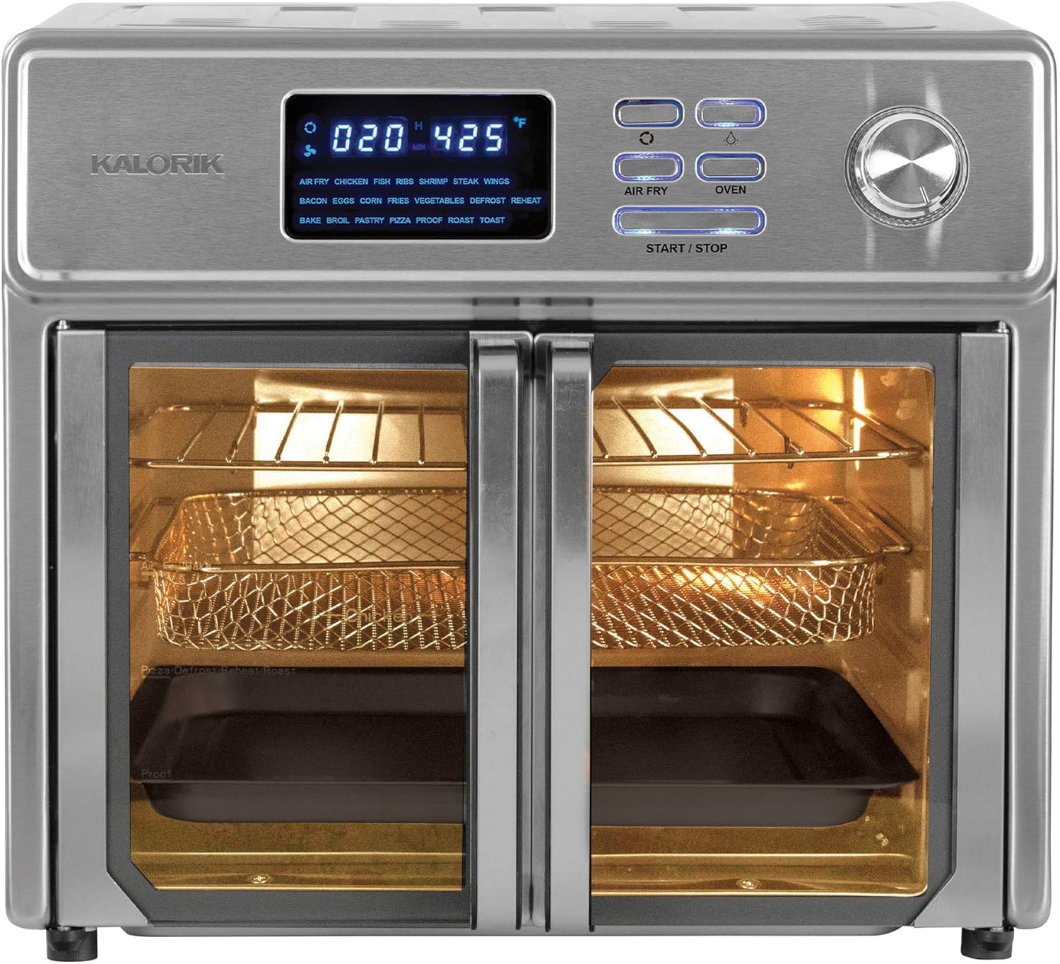 Kalorik 26 QT Digital Maxx Air Fryer Oven with 7 Accessories, Roaster, Broiler, Rotisserie, Dehydrator, Oven, Toaster, Pizza Oven and Slow Cooker. Includes Cookbook. Sears up to 500⁰F. Extra Large Capacity, All in One Appliance. Stainless Steel. AFO