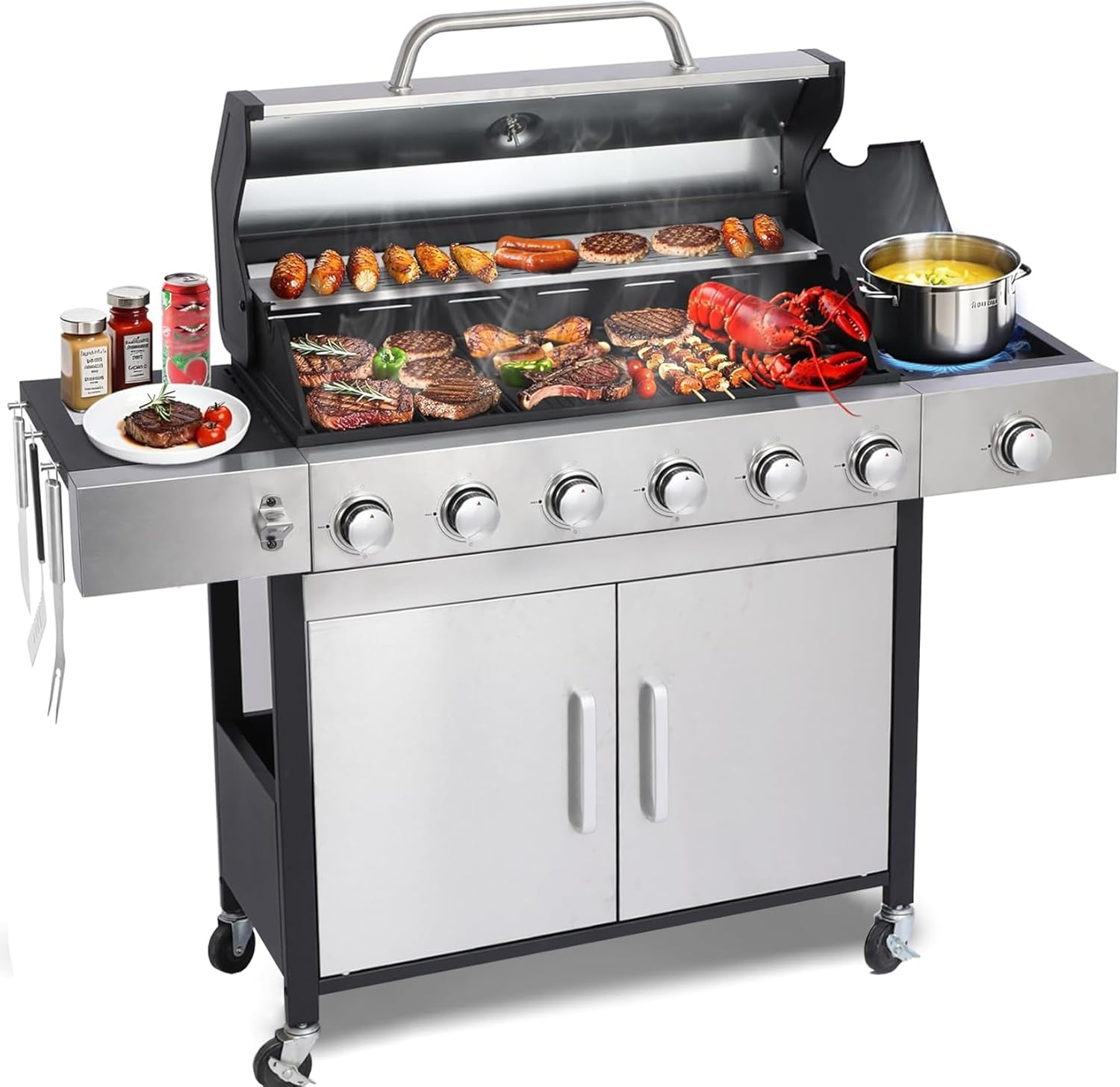 6-Burner Propane Gas BBQ Grill, Stainless Steel Propane Grill 36,900 BTU Outdoor Cabinet Style with Wheels, Wire Rack and Two Foldable Side Table for Outdoor Barbecue Cooking (6-Burner Grill,Silver)