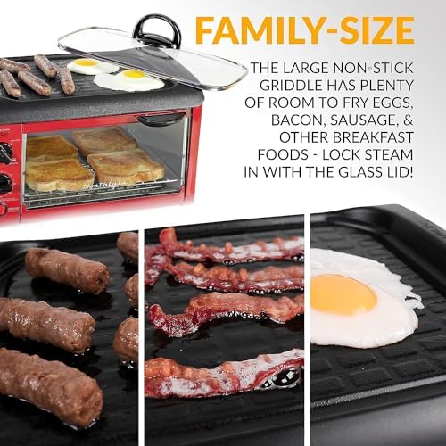 Nostalgia 3-in-1 Breakfast Station - Includes Coffee Maker, Non-Stick Griddle, and 4-Slice Toaster Oven - Versatile Breakfast Maker with Timer - Red