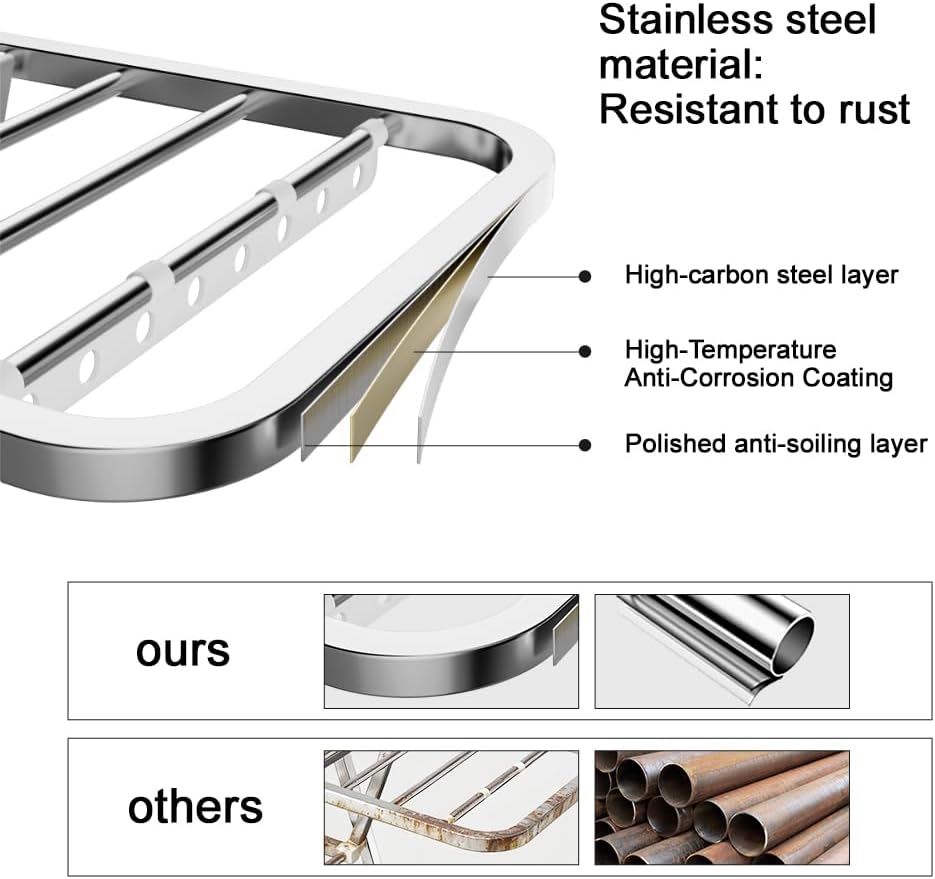 MIKEE Clothes Drying Rack,Stainless Steel Foldable Laundry Drying Rack with Height Adjustable Wings,Clothes Rack with Shoe Rack,Windproof Hanging Holes and Wheels，132 lb,Indoor Outdoor Use