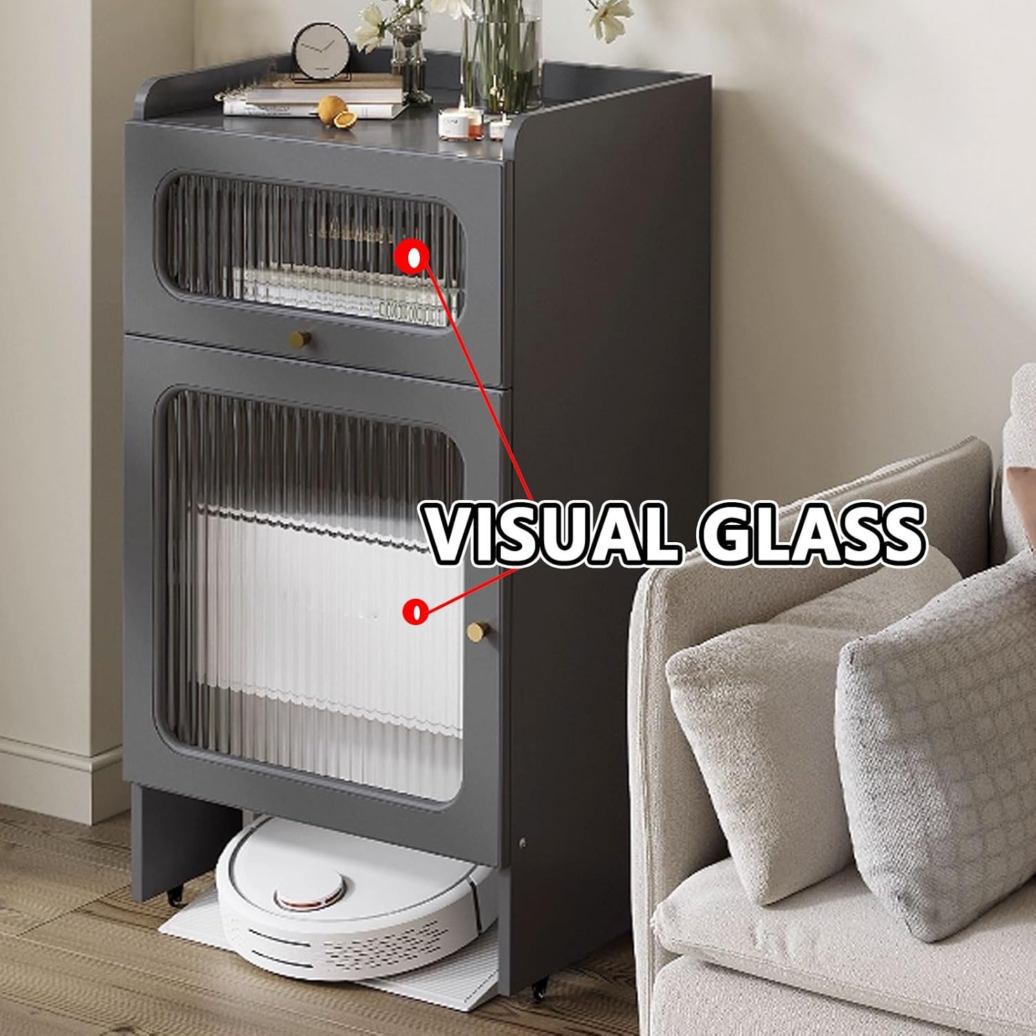 Storage Cabinet Movable Robot Vacuum Cabinet Solid Wood Particle Board and Glass Material with Wheels Hotel Apartment Sweeping Robot Organizer Shelf 3 Colors(Natural)