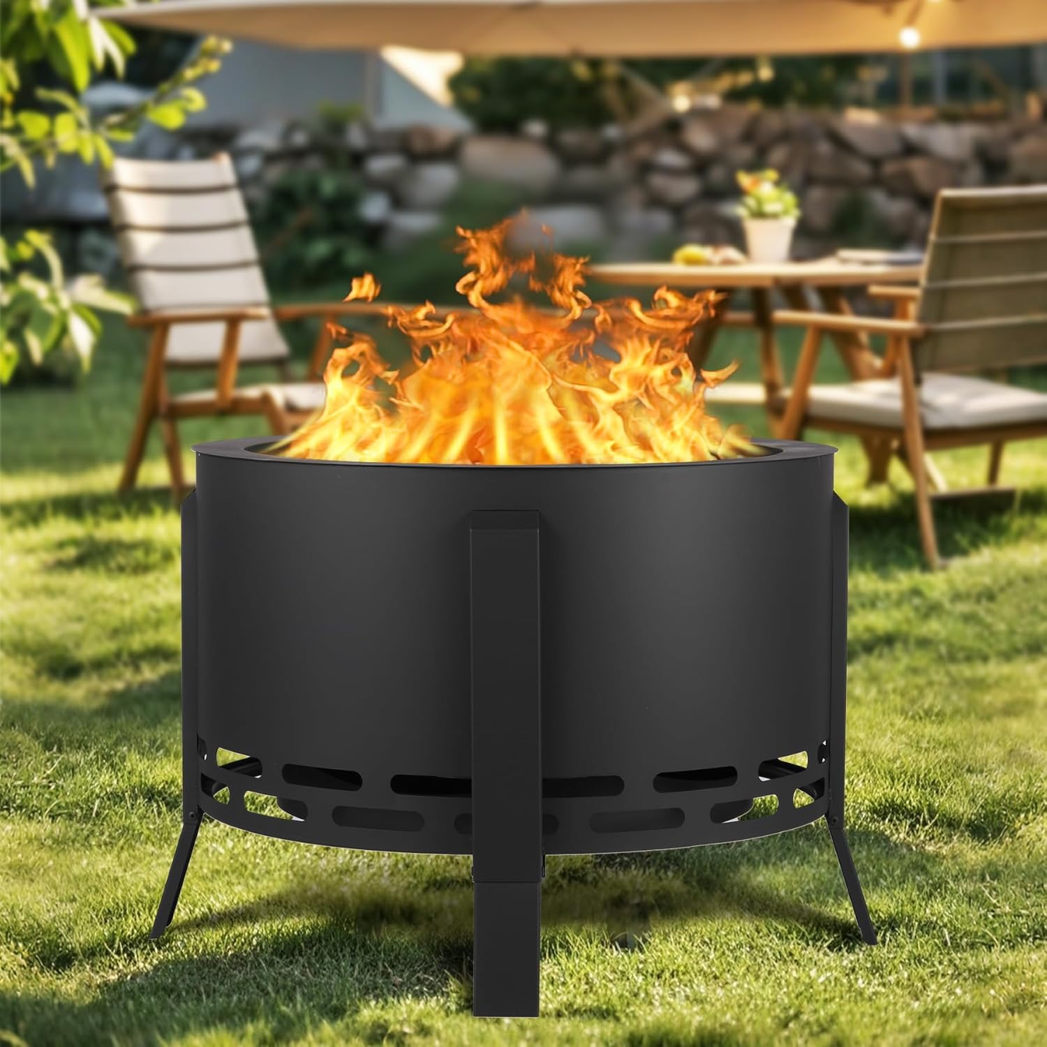 26 Inch Smokeless Fire Pit Stove Bonfire, Outdoor Steel Fire Pit with Adjustable Foot, Fire Poker and Dust Bag, Large Firepits for Outside Wood Burning Black