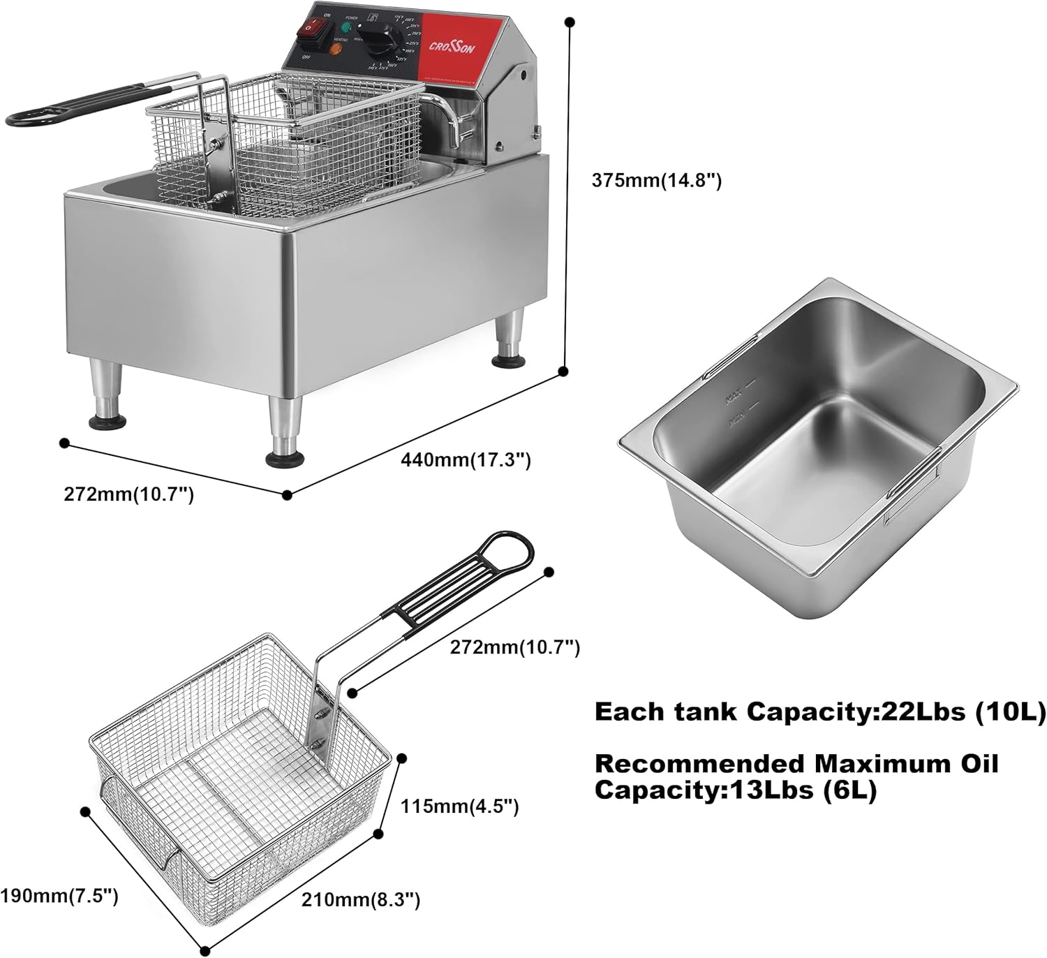 CROSSON ETL Listed 13Lbs Electric Deep Fryer Countertop with Easy-assembling Solid Basket,Removeable Oil Container for Restaurant Home Use-120V,1800W Commercial Deep Fryer