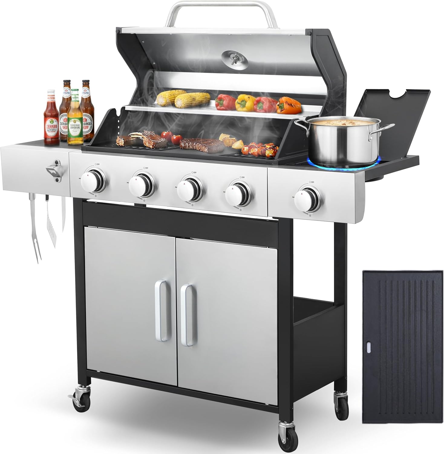 4-Burner Gas Grill, 46,790 BTU Outdoor BBQ Grill with Infrared Side Burner, Porcelain Cast Iron Grates & Stainless Steel Build for Fast Heating, Easy Clean (Backyard, Camping, Tailgating)