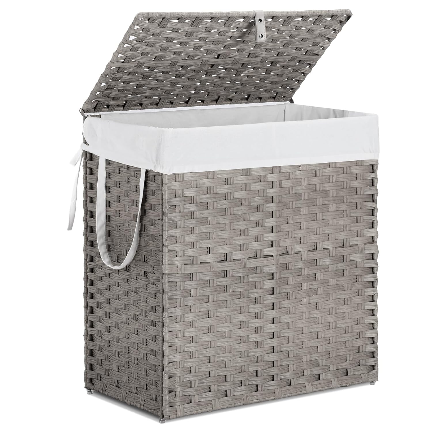 DUMOS Woven Laundry Basket with Lid, 110L Large Capacity Hamper, Removable & Machine-Washable Liner, Foldable Rattan Clothes Hamper, Sturdy Steel Frame, Odor Control, Dove Gray