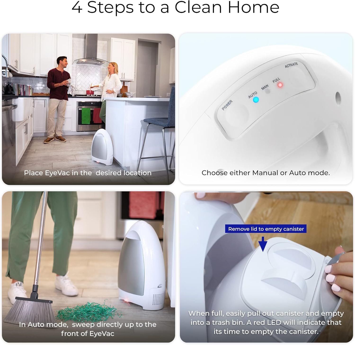 EyeVac Home Touchless Vacuum Automatic Dustpan - Great for Sweeping Pet Hair Food Dirt Kitchen - Ultra Fast & Powerful, No More Bending Down, Bagless, Corded, Automatic Sensors, 1000 Watt (White)