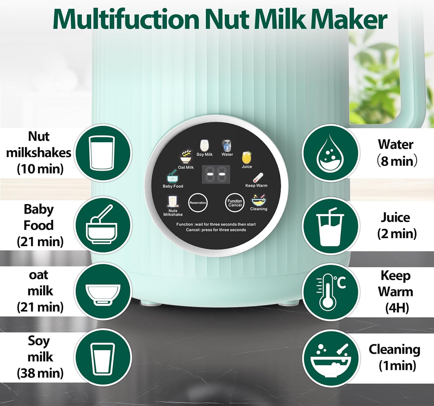 Nut Milk Maker Machine - 8 in 1 Soy Milk Maker Machine 35oz with Self-Cleaning, 18H Delay Start & 4H Keep Warm, Automatic Plant-Based Milk Blender for Almond, Oat, Coconut, Soybean - Green