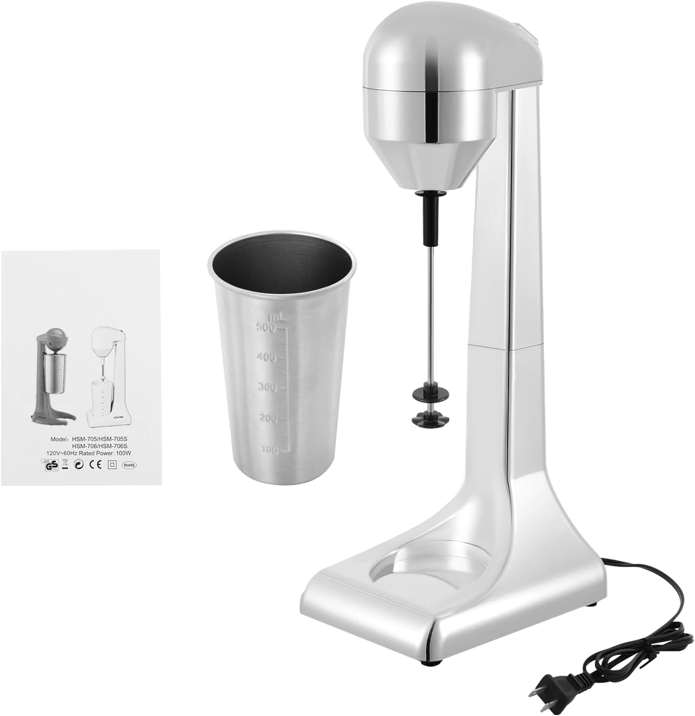 Commercial Electric Milkshake Machine Stainless Steel Beverage Blender Adjustable Speed Malt Machine Smoothie Milk Foam Tea Mixer Blender + Cups