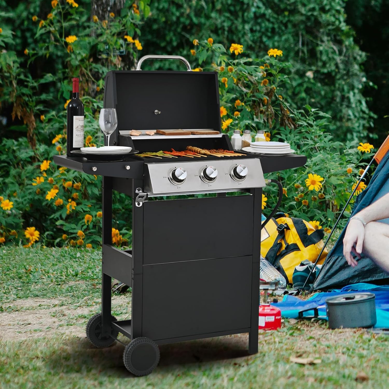 Propane Gas Grill 3 Burner Barbecue Grill, Stainless Steel 26,000 BTU Patio Garden Barbecue Grill with Two Shelves, Lid, Wheels and Bottle Opener