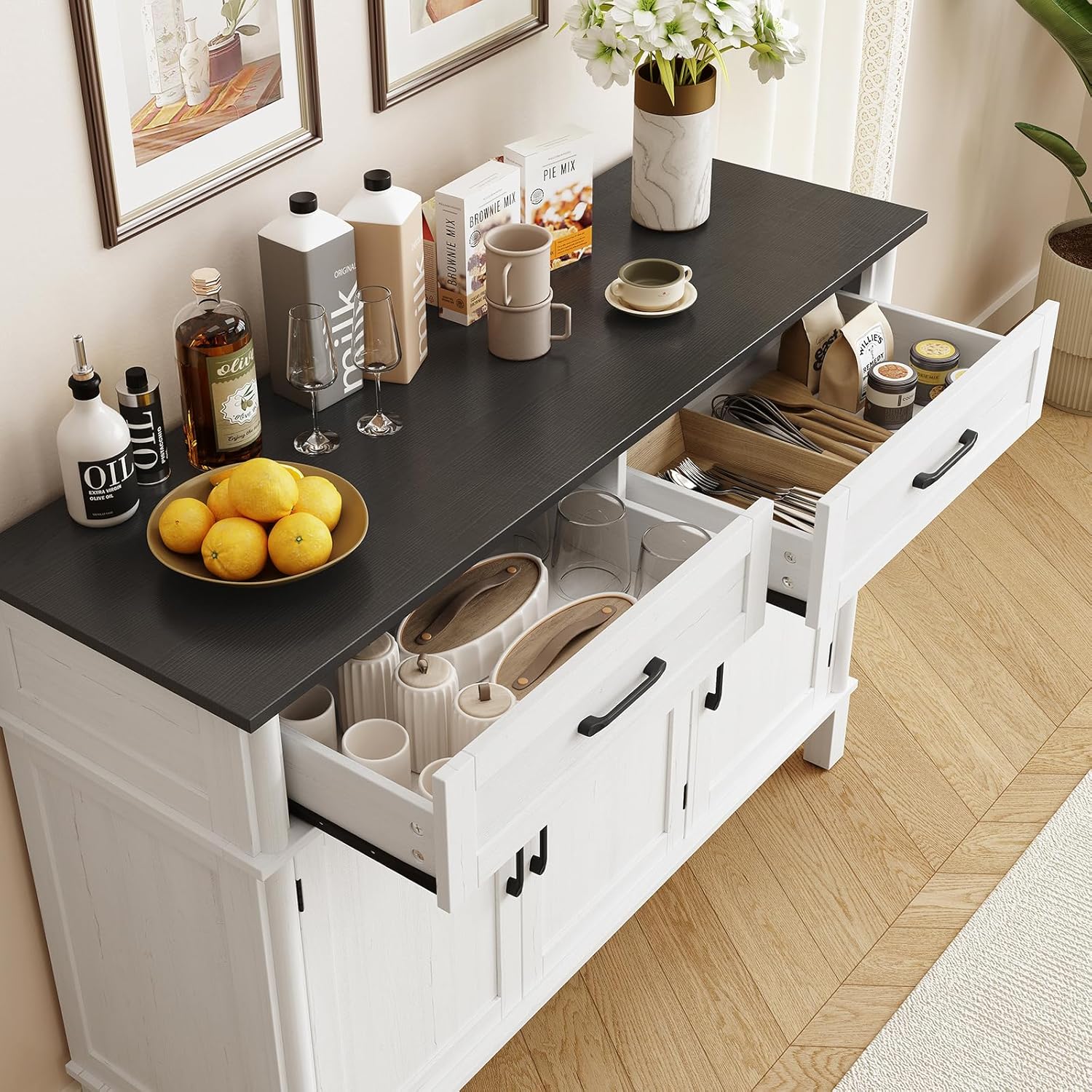 48 Inches Buffet Cabinet with Storage, Farmhouse Sideboard Buffet w/2 Drawers and 3 Doors, Wood Coffee Bar Cabinet with Adjustable Shelves, Sideboard Storage for Kitchen, Living Room, Off White&Black