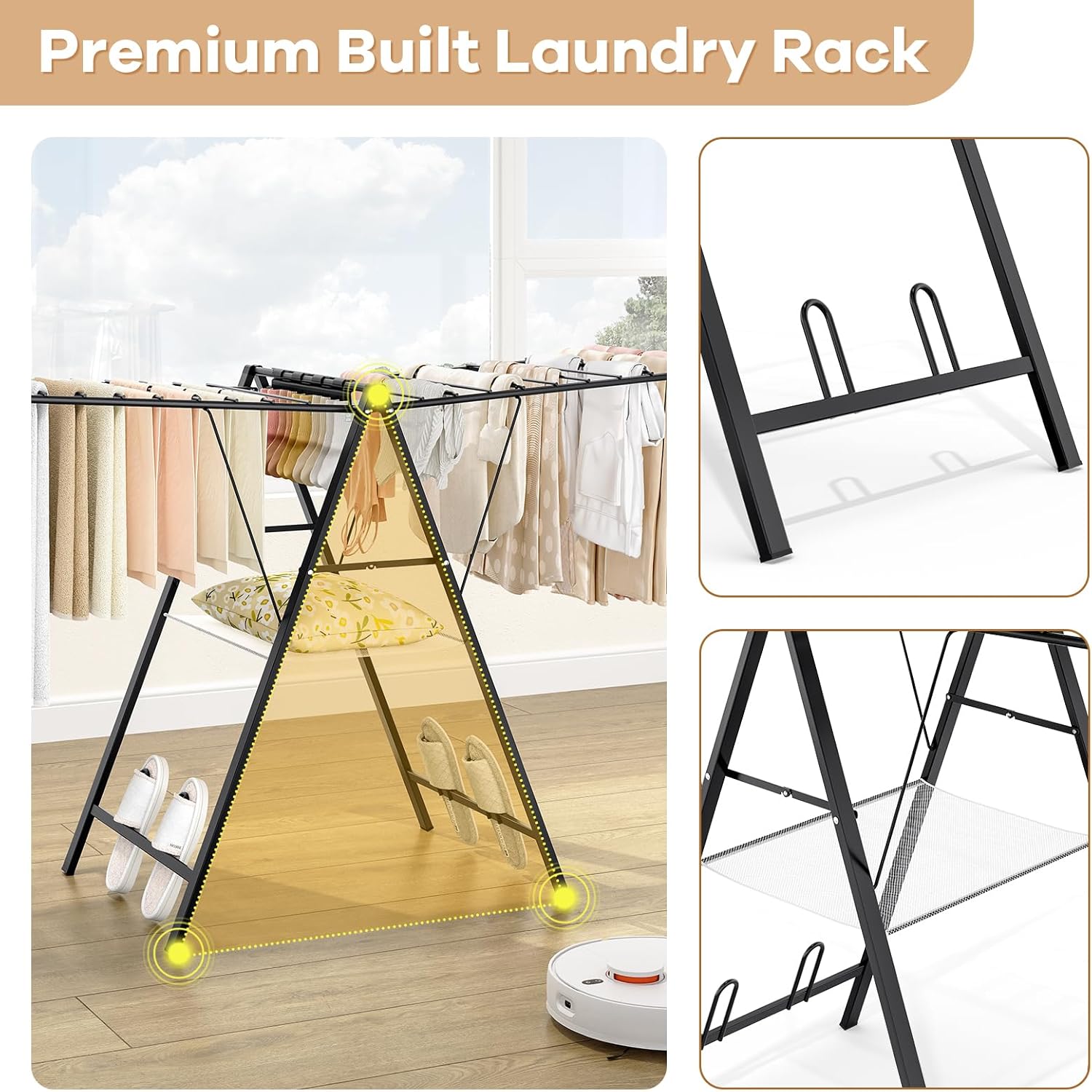 APEXCHASER Foldable Clothes Drying Rack, Metal Laundry Drying Rack Collapsible, Ultra Thin Clothes Rack for Sweater Bra Towel for Indoor & Outdoor Use, Height Adjustable Gullwing Clothes Airer, Black