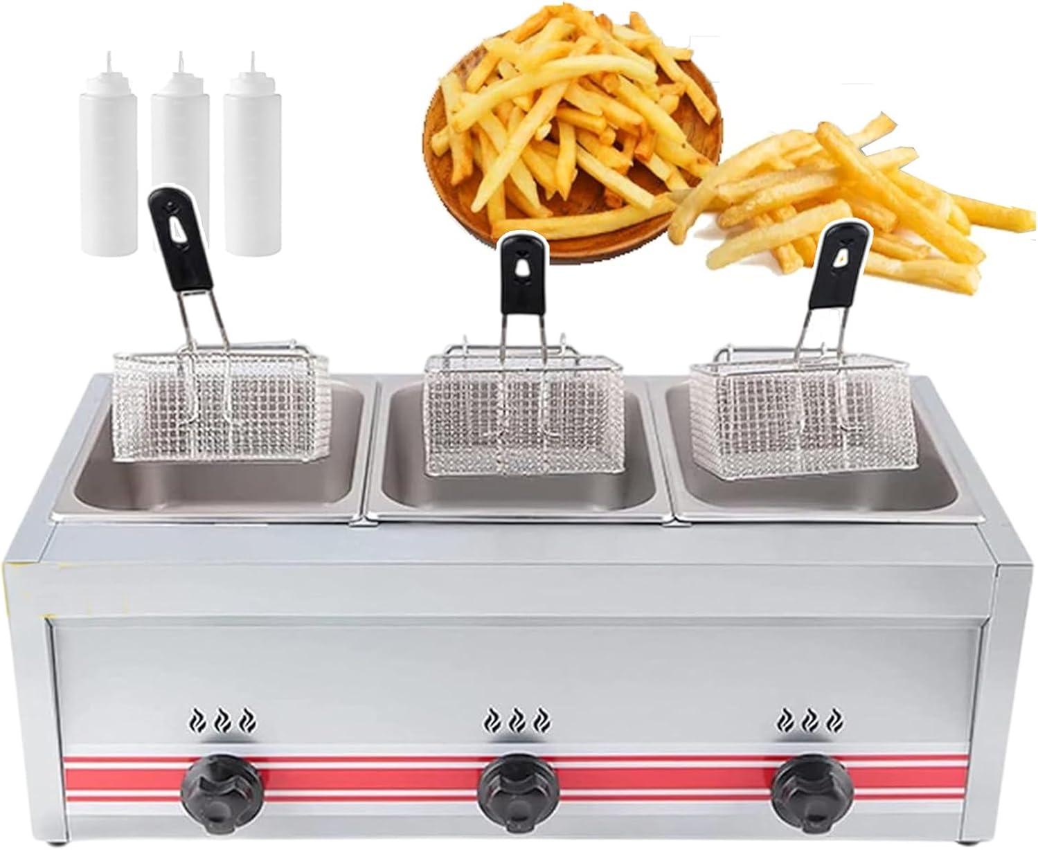 Triplecylinder Kitchen Gas Fryer(30L) for Commercial, Stainless Steel Removable Oil Deep Fryer Basket Freestanding Temperature Control Oil Fryer, Kitchen Outdoor Use